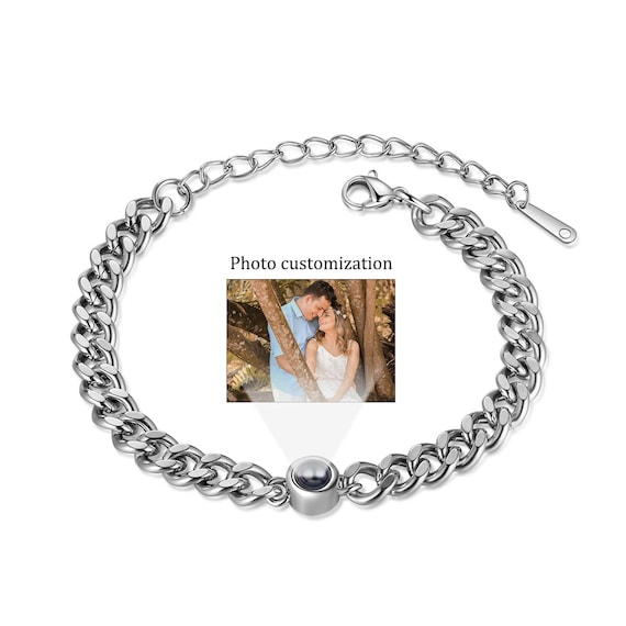 Bracelet Photo Personnalisé Projection - Chaîne Maille Cubaine Acier/Titane, Image à L'Intérieur, Homme/Femme