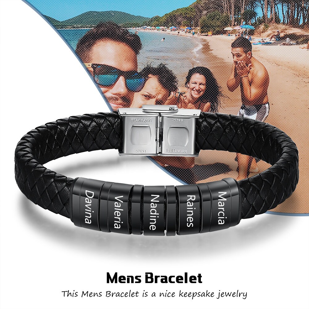 1-6 Custom Name Flat Black Leather Men's Bracelet With All | Etsy