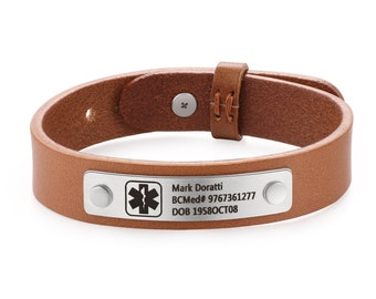 Adjustable Custom Leather Medical Bracelet for Men | Engraved Medical Information Bracelet | Gifts for Him