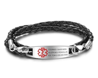 May include: Black leather bracelet with a silver medical ID tag. The tag has a red star of life symbol and the text "COUMADIN/WARFARIN ALLERGIES: PENICILLIN ICE: TOM G 555.555.5555".