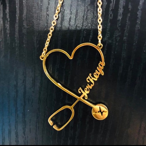 Stethoscope Heart Name Necklace With ECG Etsy