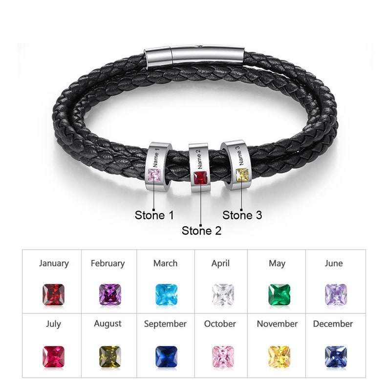 New Birthstone Men's leather Bracelet personalized image 3