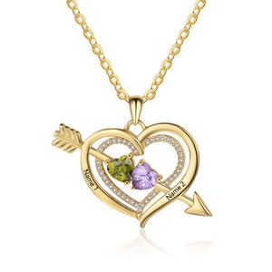 925 Sterling Silver Personalized heart Necklace with 2 Names and 2 Birthstones