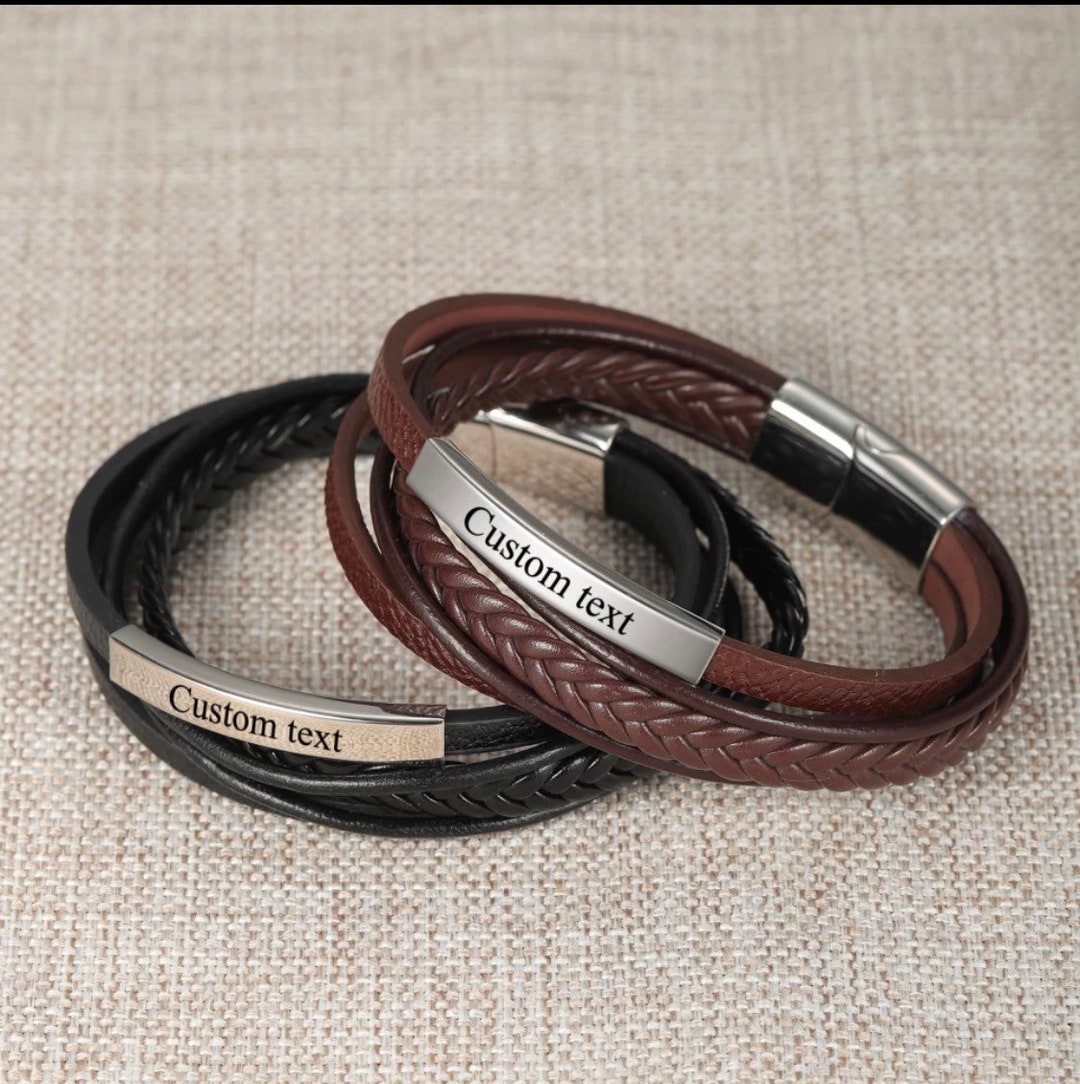 Layered Leather Men's Bracelet With Engraved Bar| Gifts for