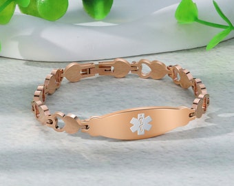 Rose Gold Medical ID Bracelet for Women | Stainless Steel Fashion ID Bracelet | First Aid Gift For Her | Allergy Bracelet |