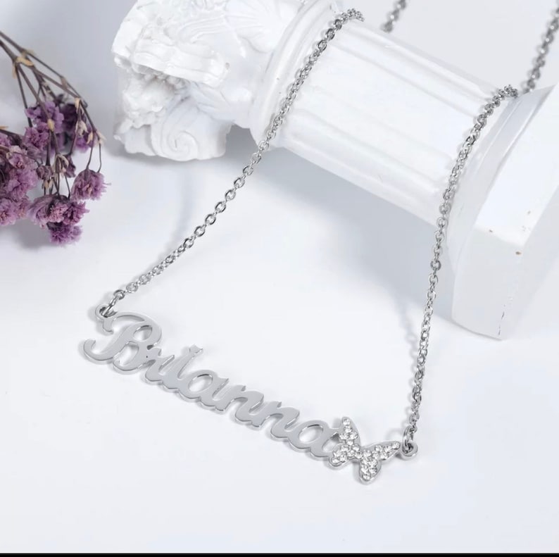 Name necklace with Iced out butterfly
