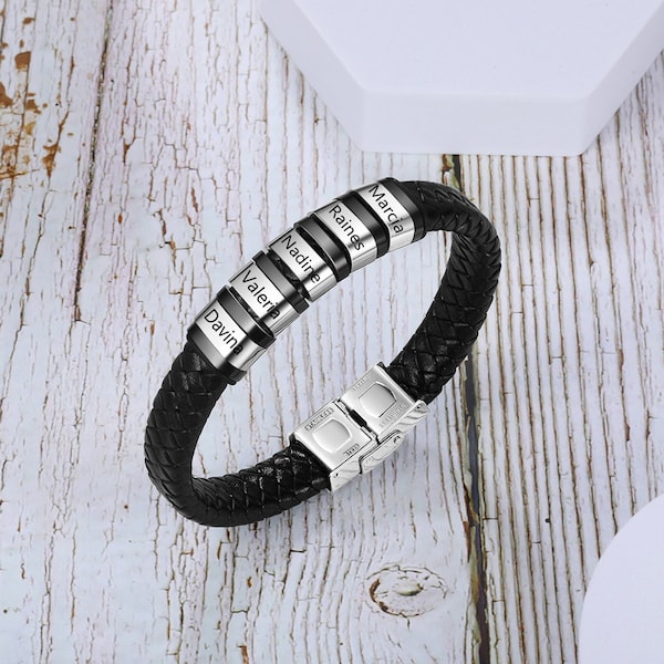 1-6 Custom Name Flat Black Leather Bracelet pour hommes avec charmes bicolores argent et noir