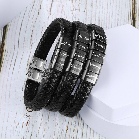 thumbnail image 2 of Jewbelet Mens Leather Bracelet With Clasp Cowhide Multi-Layer Braided Leather Mens Bracelet (Black 2 of 9