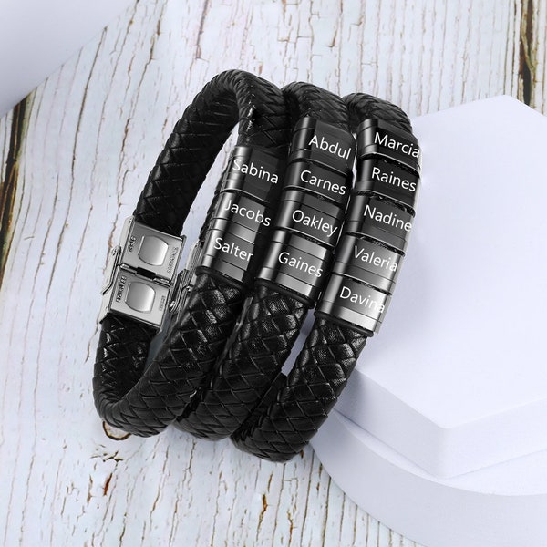 1-6 Custom Name Flat Black Leather Men's Bracelet with All Black charms