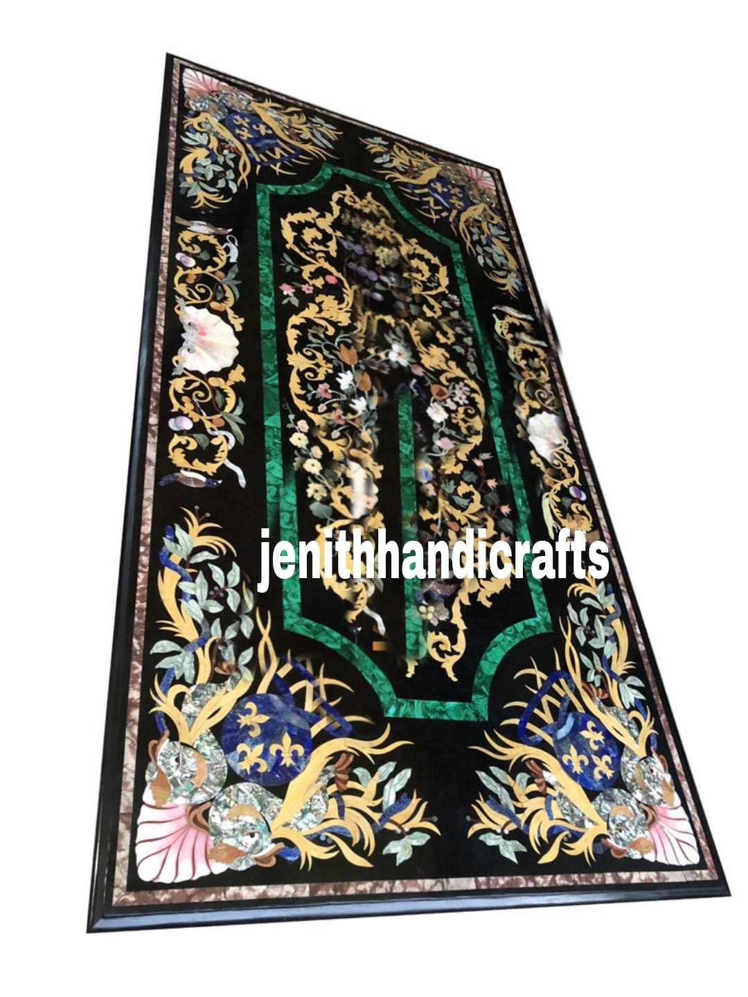 Marble Inlay Rectangular Table Top Rectangle Black Marble Dining Table Top Multi Stone Beautiful ...