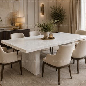 May include: A modern dining room set featuring a rectangular marble table and eight upholstered chairs. The chairs have dark wooden legs and cream-colored fabric. The table is supported by a central marble base. The room is decorated with plants and neutral tones.