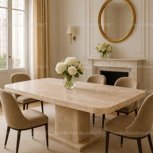 Travertine Dining Table | Luxury Stone Pedestal Dining Table | Modern Beige Marble Dining Room Furniture Rectangular Travertine Dining Table