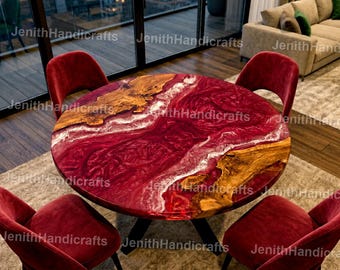 Ruby Red Epoxy Dining Table Round Resin River Table Top, Live Edge Wood Table Handmade Art Table Round Red Resin River Dining Table