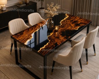 Black Gloss Resin River Table, Luxury Handmade Dining Table, Modern Wood Epoxy Furniture Handmade Resin River Table, Luxury Home Furniture
