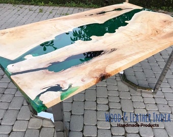 Epoxy , dining, sofa center table top Live Edge Walnut Table ,Custom Order,Green Trancperent Epoxy Resin River Table Natural Wood  36x60 inc