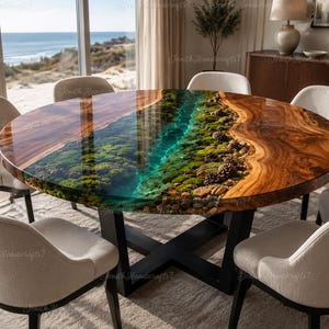 Peut inclure: Une table à manger ronde avec une surface en bois naturel et une incrustation centrale en résine bleue translucide, intégrant de la mousse verte, des petits cailloux et des pommes de pin, sur un piètement en métal noir en croix.