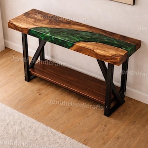 Emerald Green Epoxy River Console Table – Live Edge Olive Wood Narrow Hallway Table, Luxury Entryway Furniture Green Resin River Console top