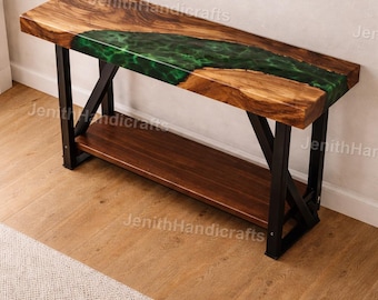 Emerald Green Epoxy River Console Table – Live Edge Olive Wood Narrow Hallway Table, Luxury Entryway Furniture Green Resin River Console top