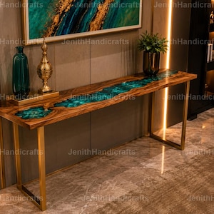 Luxury Olive Wood Epoxy River Console Table Turquoise Resin Entryway Table Live Edge Sofa Table Olive Wood Blue Resin River Console Table