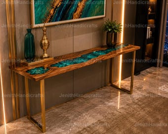 Luxury Olive Wood Epoxy River Console Table Turquoise Resin Entryway Table Live Edge Sofa Table Olive Wood Blue Resin River Console Table