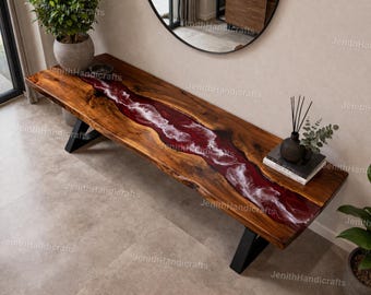 Luxury Red Epoxy Resin River Bench | Live Edge Walnut Entryway Bench | White Swirl Resin Table | Modern Handmade Furniture console table