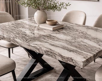 Handmade White Marble Dining Table – Rectangular Natural Stone, Geometric Metal Base