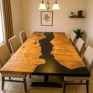 Dining table , Custom Black Epoxy Dining Table | Live Edge Acacia Wood River Table | Handmade Resin Tabletop | Modern Epoxy Furniture table