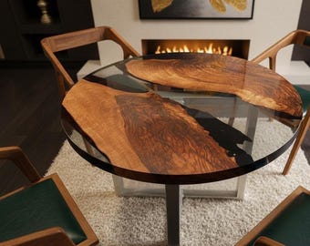 Luxury Live Edge Wood & Epoxy Resin Dining Table  Handmade River Table for Modern Living Room Décor Round Live Edge Resin Table