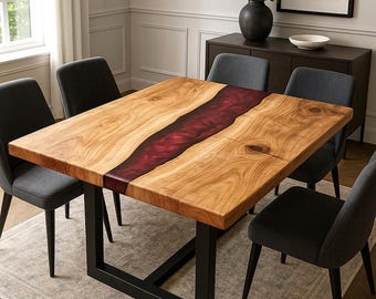 Red Epoxy Resin River Table | Custom Dining Table | Live Edge Acacia Wood Tabletop | Handmade Modern Furniture | Unique Home Decor