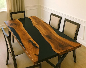 Eettafel van acaciahout met natuurlijke rand en epoxycoating – Zwart harsblad, handgemaakt modern bureau