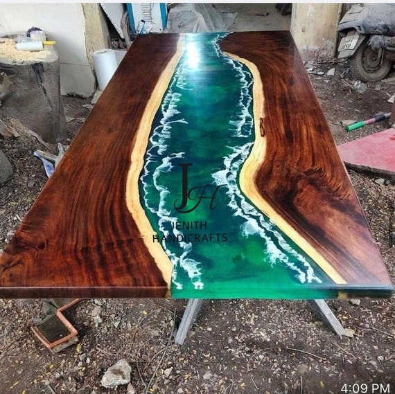 Epoxy dining sofa Side center table top Live Edge Walnut Table Custom Order GreenTrancprent Epoxy Resin River Table NaturalWood