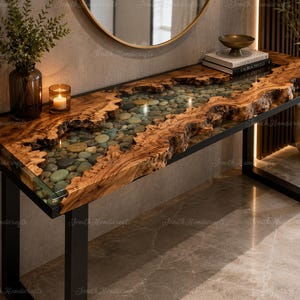 Live Edge Olive Wood Epoxy River Console Table – Pebble River Entryway Furniture