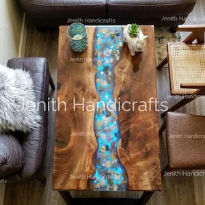 Live Edge River Table with Glowing Blue Resin & Natural Stones - Rustic Walnut Coffee Table - Custom Glow in the Dark Epoxy Wood Furniture