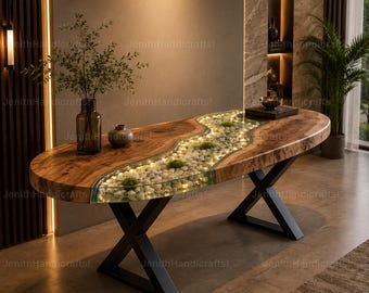 Handmade Live Edge Olive Wood Console Table Top with Crystal Clear Epoxy River, White Pebbles & Moss, Modern Rustic Entry  Console Table Top