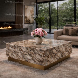 Mesa de centro em bloco de mármore maciço – Mesa de centro quadrada de luxo em pedra – Decoração moderna e minimalista para sala de estar – Mesa de centro artesanal em mármore
