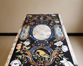 黒大理石象嵌テーブル | オウムと花柄デザイン | インドのピエトラ