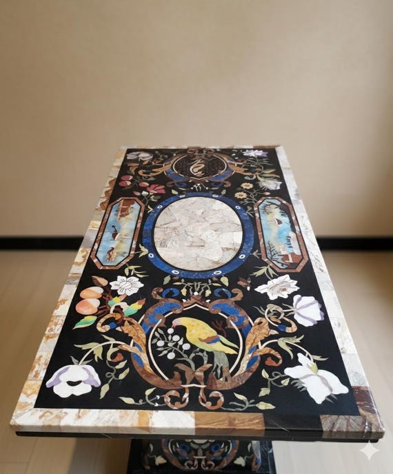 黒大理石象嵌テーブル | オウムと花柄デザイン | インドのピエトラ