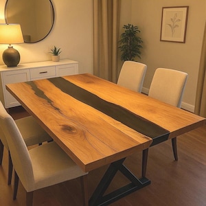 Black Epoxy Resin Table Top – Live Edge Acacia Wood | Custom River Table | Modern Dining or Office Table | Handmade Furniture, Epoxy table