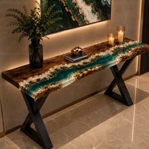 Live Edge Walnut Emerald Epoxy River Console Table | Handmade Resin Entryway Sofa Furniture