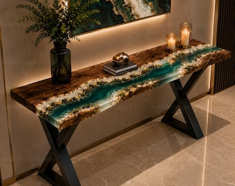 Live Edge Walnut Emerald Epoxy River Console Table | Handmade Resin Entryway Sofa Furniture