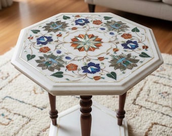 Octangle  Marble Inlay Table Top,coffee,dinning ,side table top Semi Precious Floral Inlaid in it Lapis lazuli Carnelian ;12",15",18" inches