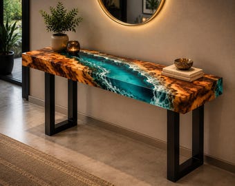 Live Edge Olive Wood Ocean Wave Epoxy Console Table Top: Handmade Resin Entryway Furniture