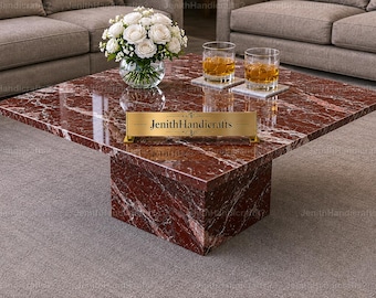 Luxury Rosso Levanto Marble Coffee Table Modern Square Stone Center TableHandcrafted Red Marble Living Room Table Luxury Square Marble Table