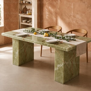 Luxury Green Onyx Dining Table | Handmade Natural Onyx Stone Dining Table | Modern Rectangular Marble Table  Green Onyx Stone Dining Table