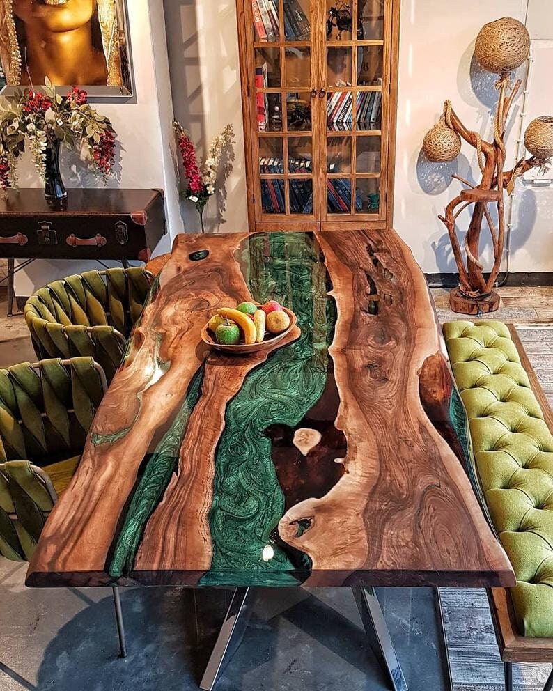 Epoxy Handmade Luxury dining, sofa, Side center table top Live Edge Walnut Table, Custom Order, Green Epoxy Resin River Table, Natural Wood image 1