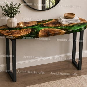 Green Resin Console Table, Luxury Live Edge Wood Epoxy Sofa Table Modern Entryway Hallway Accent Handmade Green Epoxy River Console Table