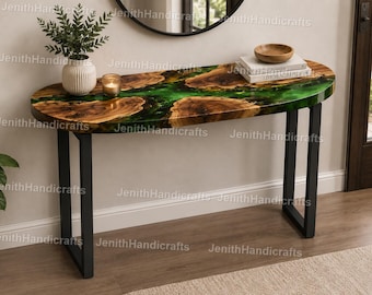 Green Resin Console Table, Luxury Live Edge Wood Epoxy Sofa Table Modern Entryway Hallway Accent Handmade Green Epoxy River Console Table