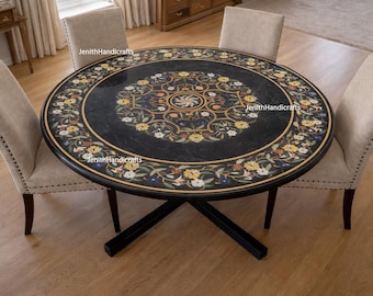 Handmade Pietra Dura Marble Inlay TableTop - Black Marble Round Coffee Table with Floral Semi-Precious Stone Inlay - Luxury Home Decor table