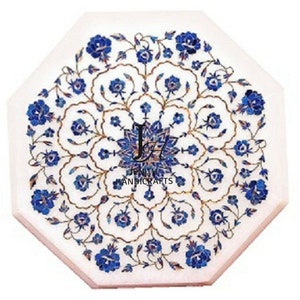 Octengle Marble Inlay TableTop ,coffee,dinning ,side table top Semi  Precious Floral Inlaid in it Lapis lazuli Carnelian ;12&quot;,15&quot;,18&quot; inches