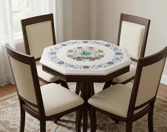 Handmade Octagon Marble Inlay Table Top | Pietra Dura Floral Mandala | Taj Mahal Style Stone Inlay Coffee Table Top | inlay table top